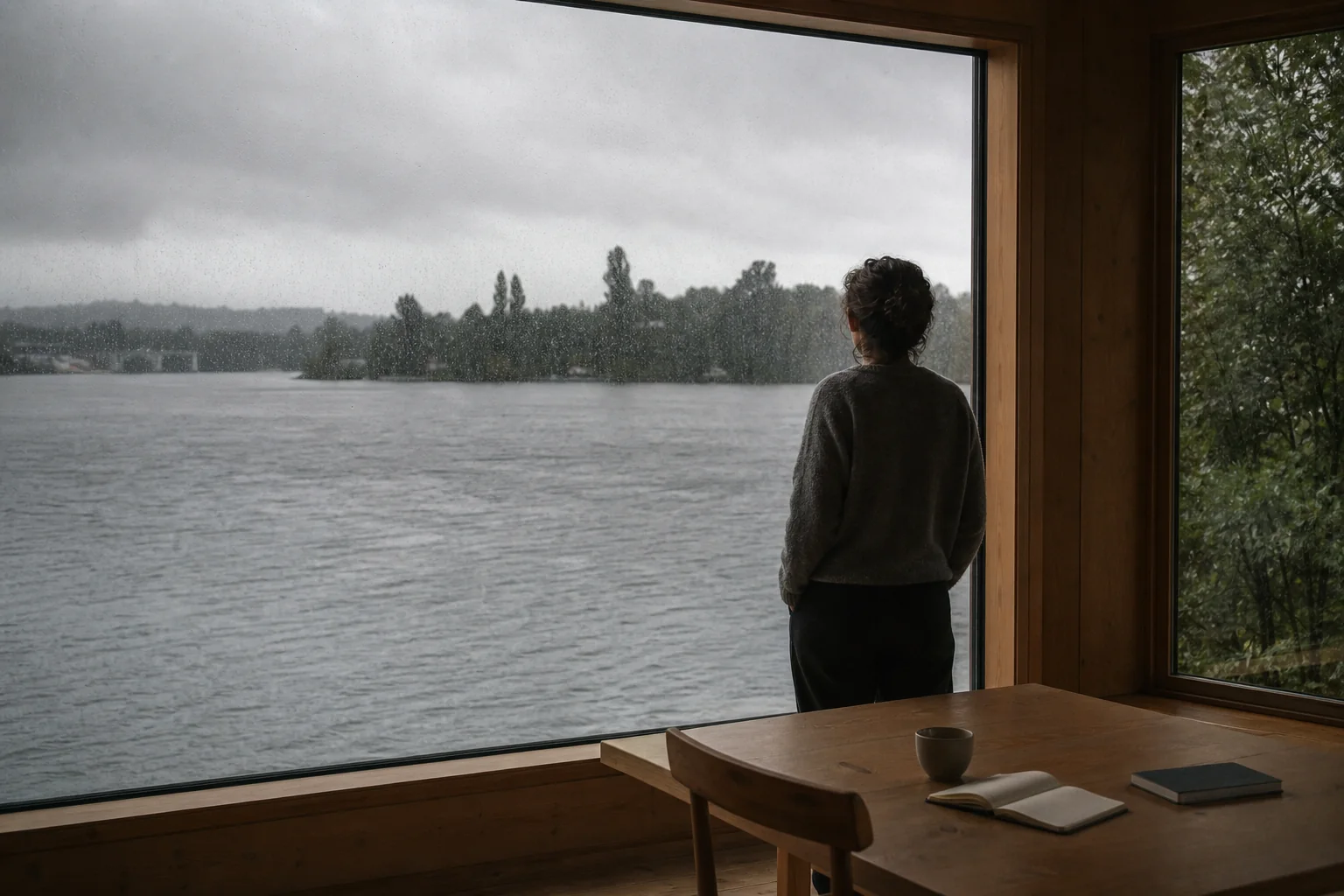 Persona contemplando el río desde un ventanal de madera en un día lluvioso